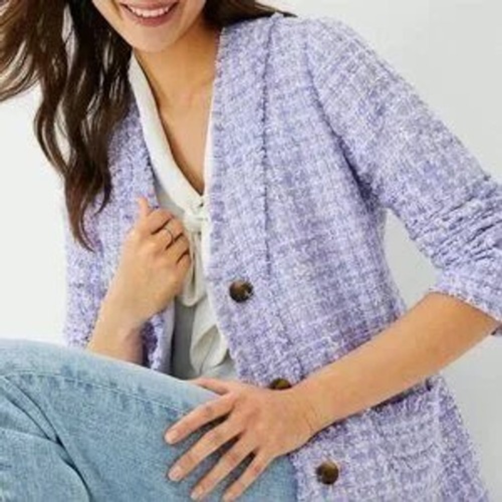 Ann Taylor Purple Lavender White Tweed Fringed Longline Blazer Jacket Size 4
